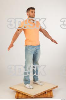 Whole body orange tshirt light blue jeans of Harold 0016